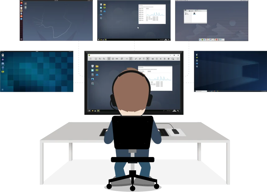 Técnico de TI usando el software de soporte remoto Remotto para acceder a la computadora de un cliente